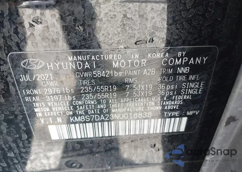 2022 Hyundai Santa Fe Plug-In Hybrid Limited из США, поврежденный, VIN KM8S7DA23NU018838